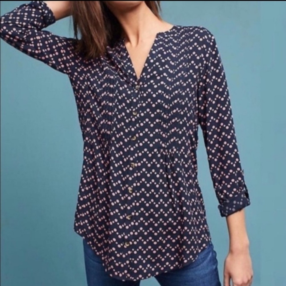 Anthropologie Maeve Navy Pink Polka Dot Button Down Shirt